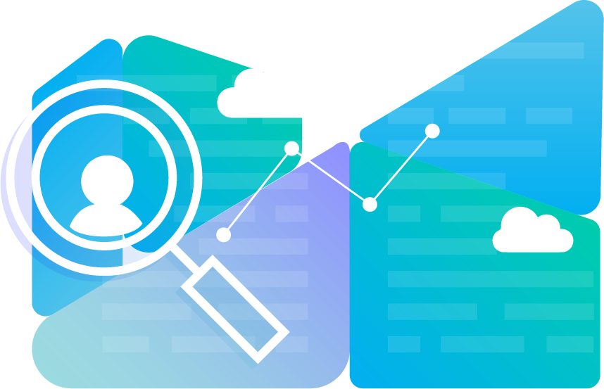 Magnifying glass with clouds and a graph